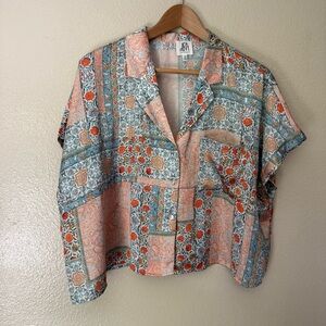 ❇️dRA Patchwork Silky Button-Front Short Sleeve Blouse 2 for $22❇️